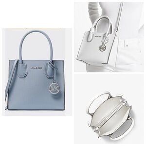 NWT Michael Kors Mercer Medium Pebbled Leather Crossbody Bag In Pale Blue/Silver